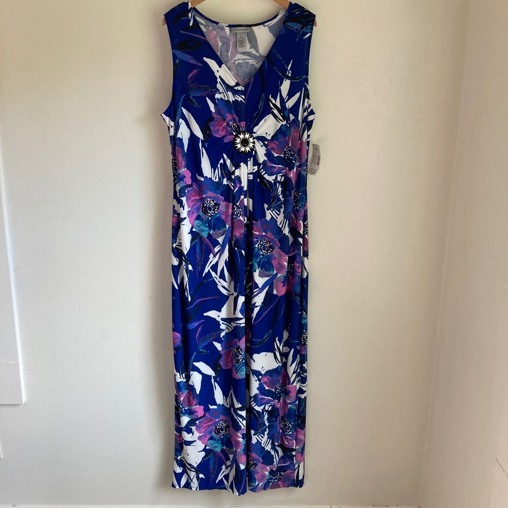 Catherines Womens 0X 14/16W Blue Floral Sleeveless Maxi Dress V-Neck Brooch NWT